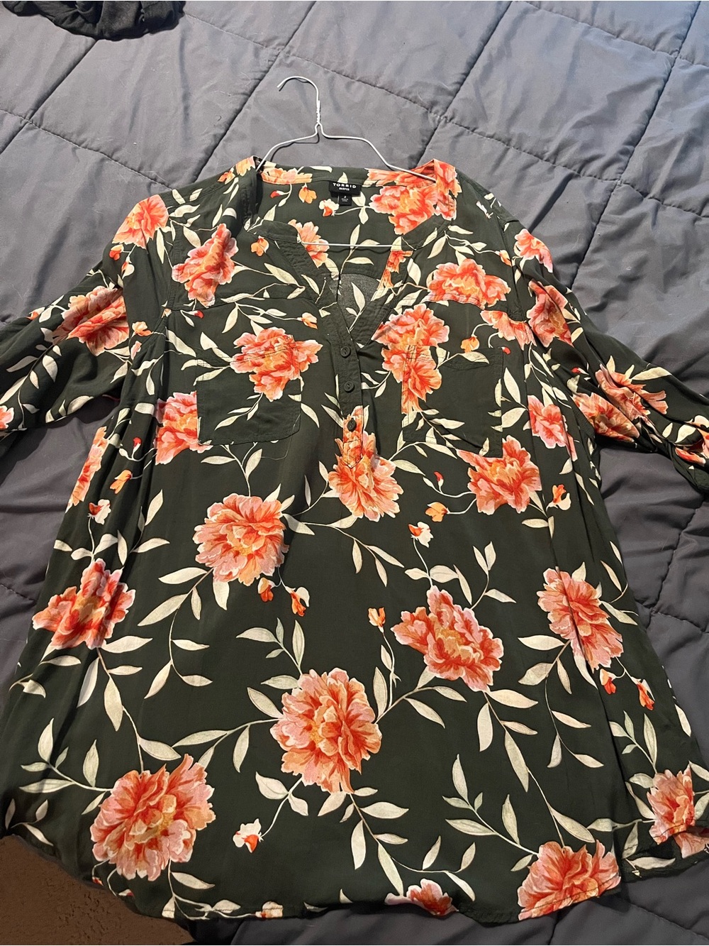 torrid Dark Green Tunic with Coral Floral Print